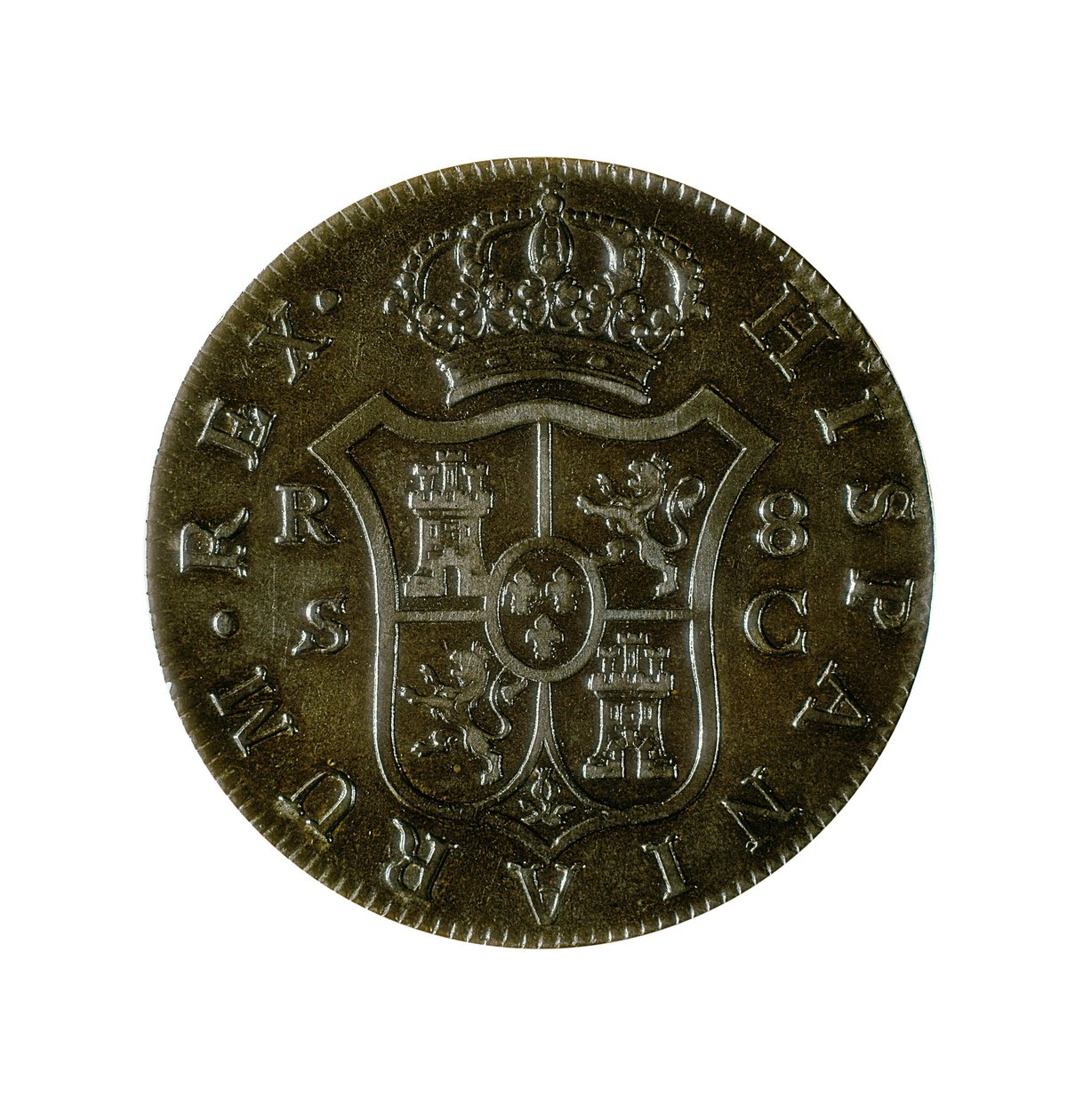 Mynt av 8 spanske realer, kastiliansk valuta slått i Sevilla under Charles IVs regjeringstid (1748-1819) av Spanish School