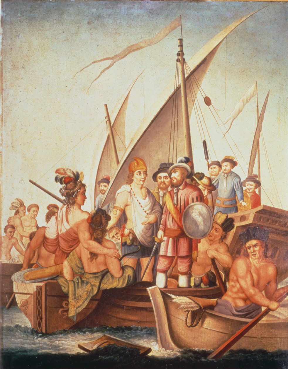 Erobring av Mexico: Garcia de Holguin fanger Guatimozin (olje om bord) av Spanish School