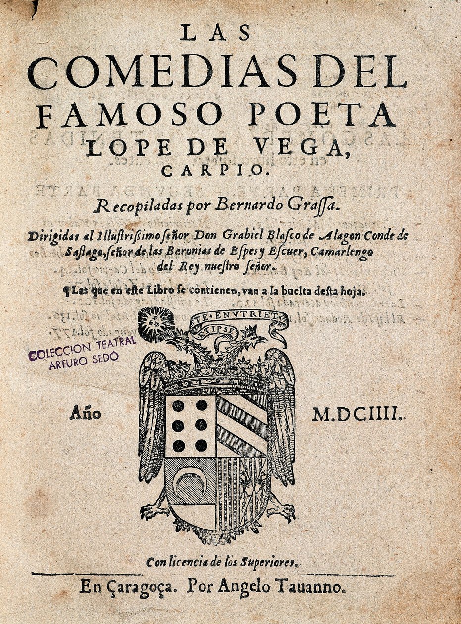 Omslag til komediene til den berømte poeten Lope de Vega, av Felix Lope de Vega Carpio (1562-1635), utgave av 1604 (trykt monografi) av Spanish School
