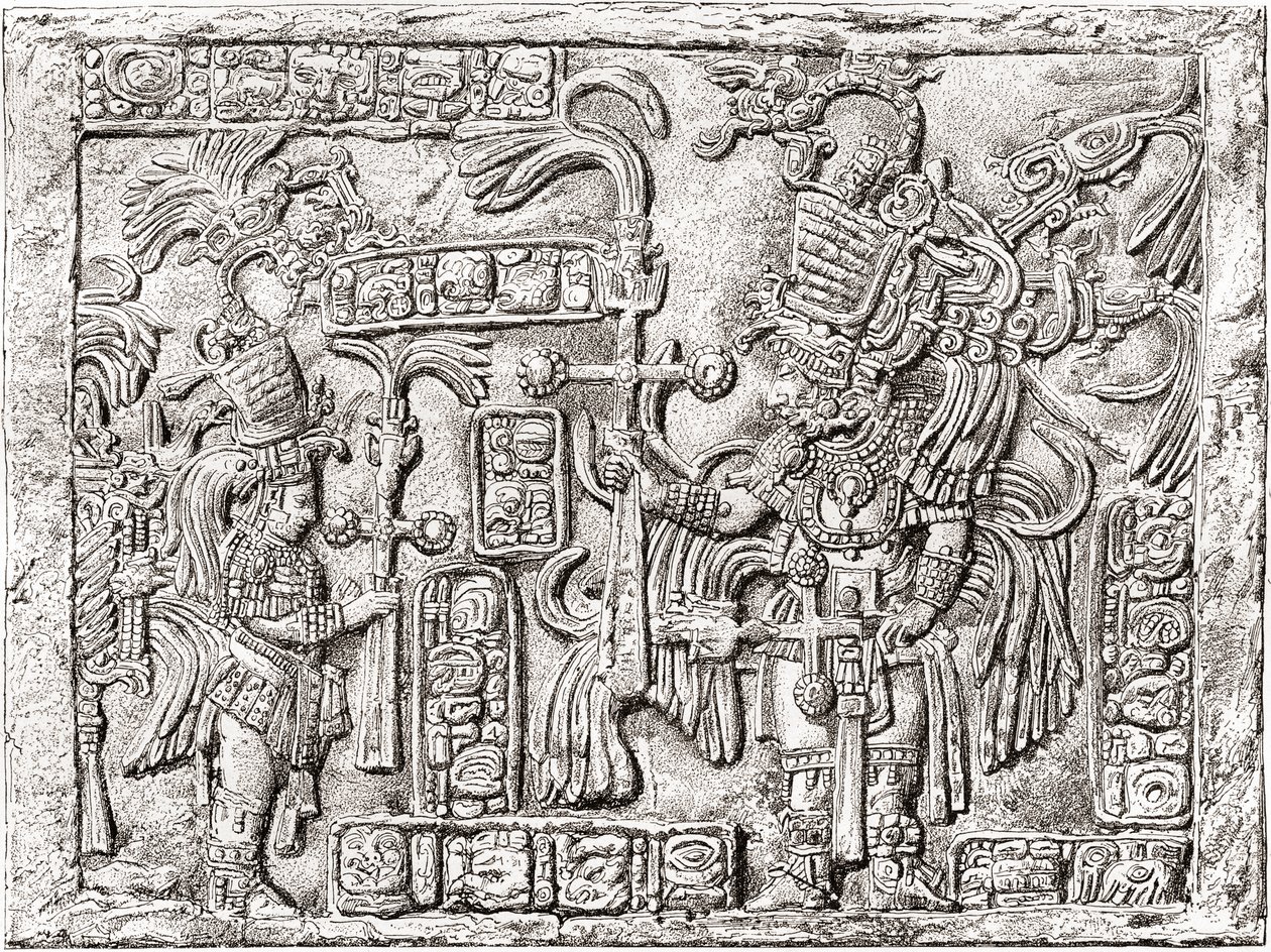 Dekorativ overligger fra den gamle Maya-byen Yaxchilan, Chiapas, Mexico av Spanish School