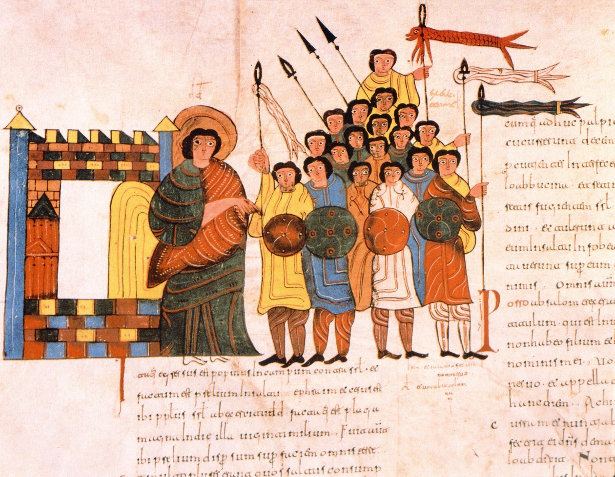 Avgang av kong Davids hær for krig, fra den visigotisk-mosarabiske bibelen til St. Isidores, fol.131v., 960 e.Kr. (tempera på vellum) av Spanish School