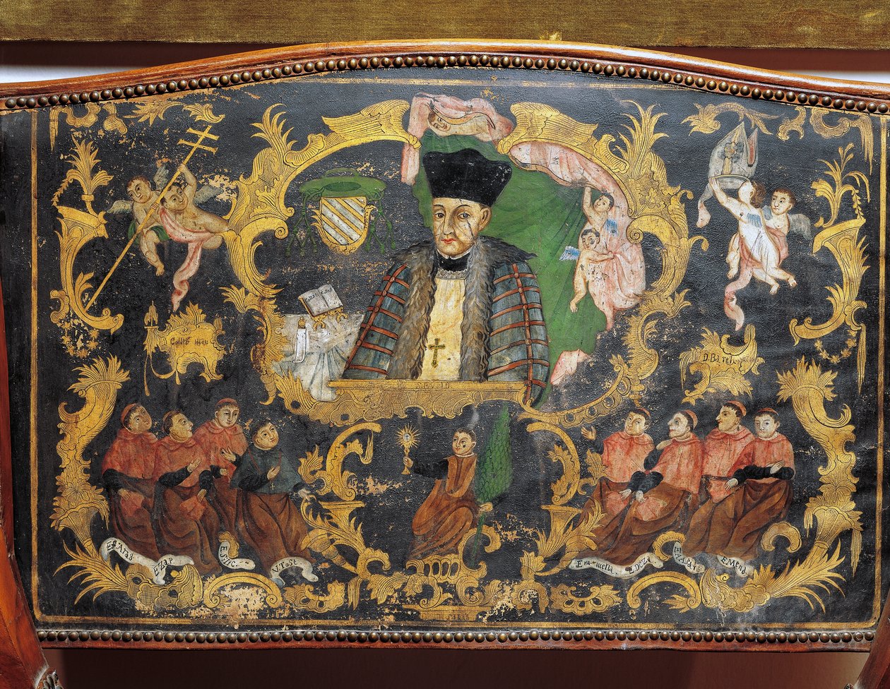 Skildring av biskop-rektor ved universitetet, detalj fra baksiden av malt skinnstol fra College of St Bartholomew i Salamanca, Spania av Spanish School