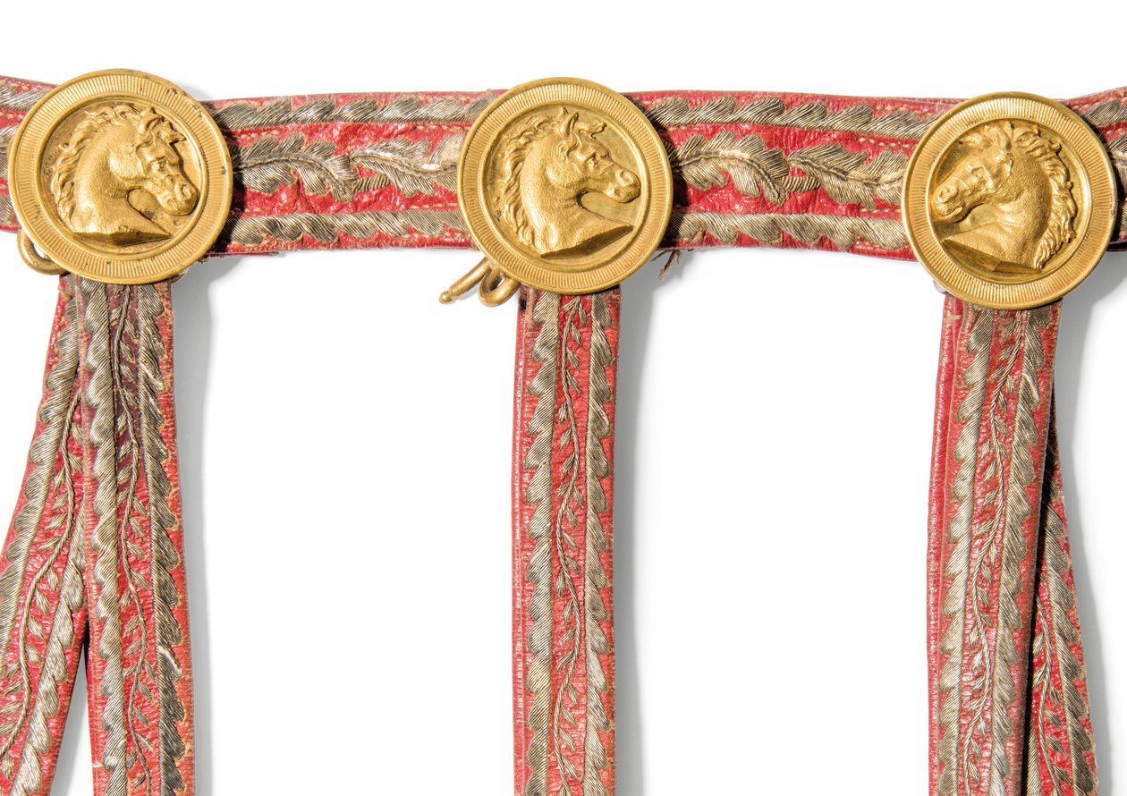 Detalj fra Sabretache av Joseph-Napoleon Bonaparte, konge av Spania, før 1813 (rødt marokkansk skinn med brodert gullverk og fester av forgylt messing) av Spanish School