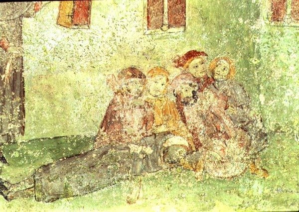 Detalj av arbeidere som bygger et tempel, freskomaleri under koret til St. Mary of Lluca-kirken (freskomaleri) av Spanish School