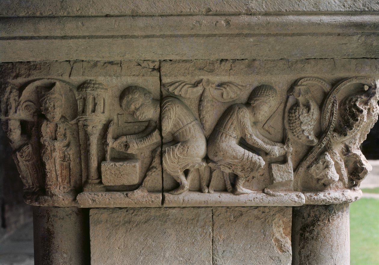 Detail of a capital depicting stonemasons at work (stone) av Spanish School