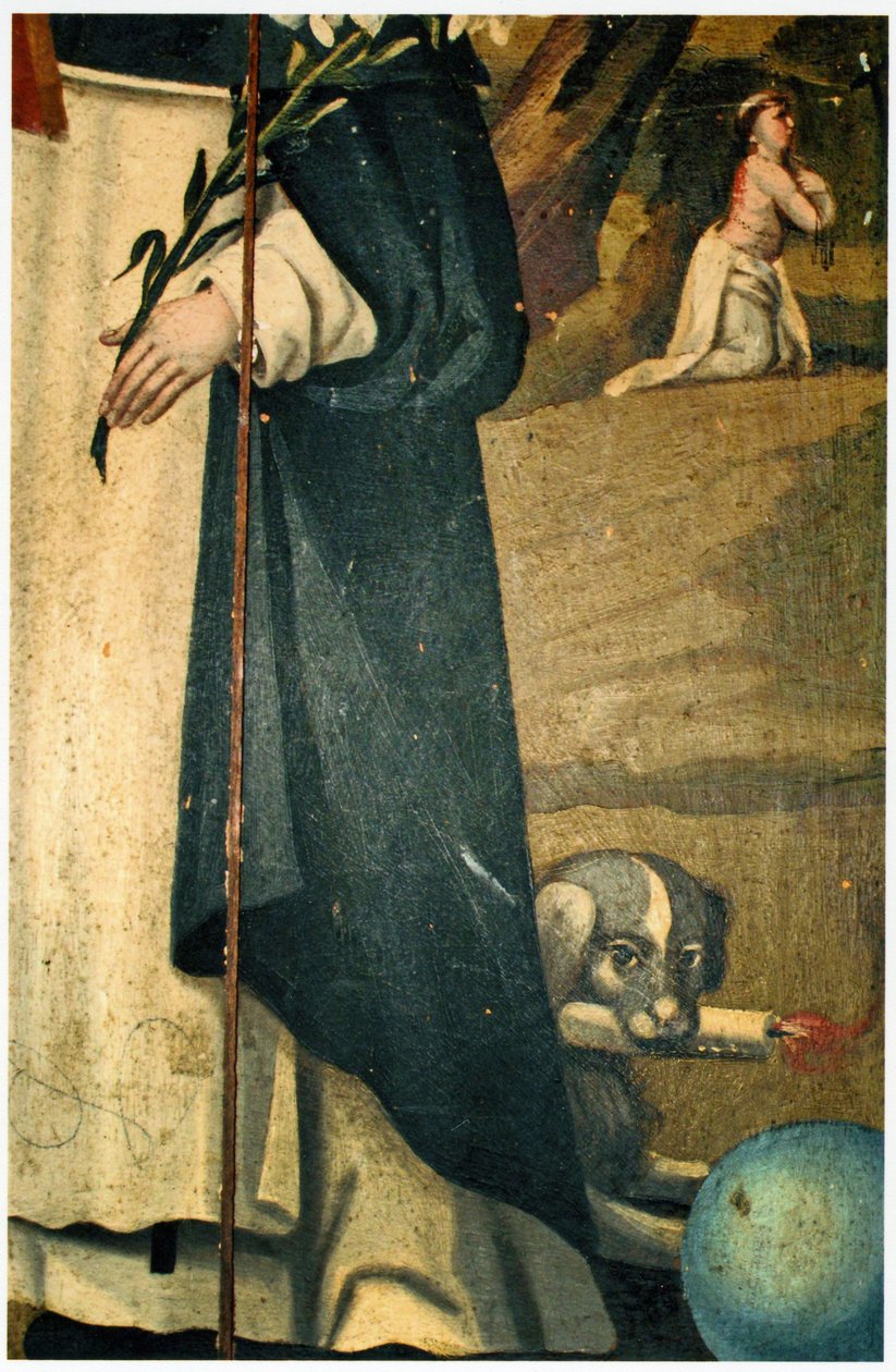Detalj som viser liljen, staven og hunden med fakkel, attribusjoner av St. Dominic av Spanish School