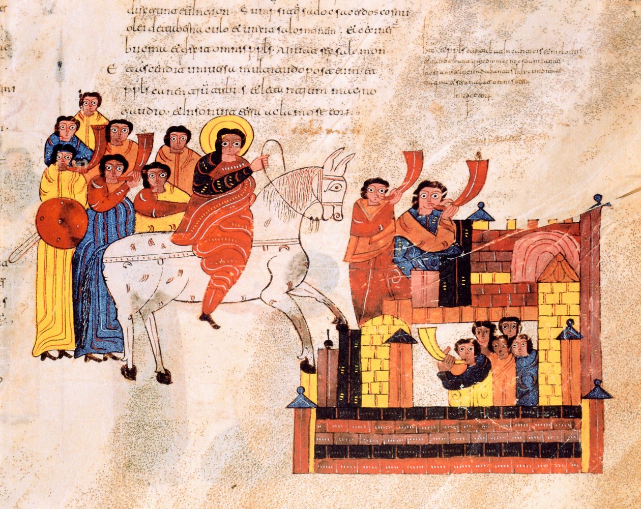 Kong Davids inntog i Jerusalem til lyden av trompeter, fra den visigotisk-mosarabiske bibelen til St. Isidores, fol.135r., 960 e.Kr. av Spanish School