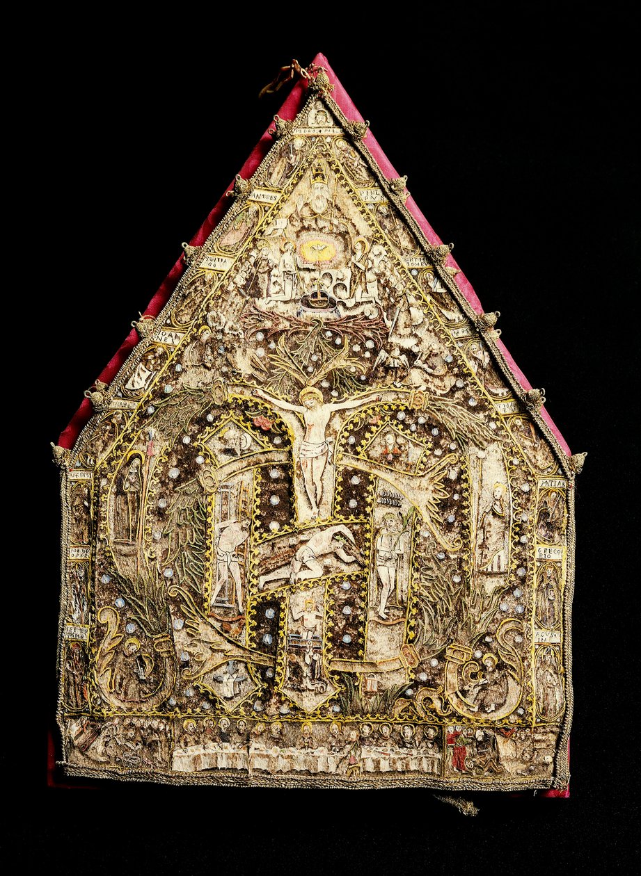 Eveque gjæring i gull dekorert av fjærmosaikk laget av spanske misjonærer i Mexico. Firenze fra 1500-tallet, Museo degli Argenti av Spanish School