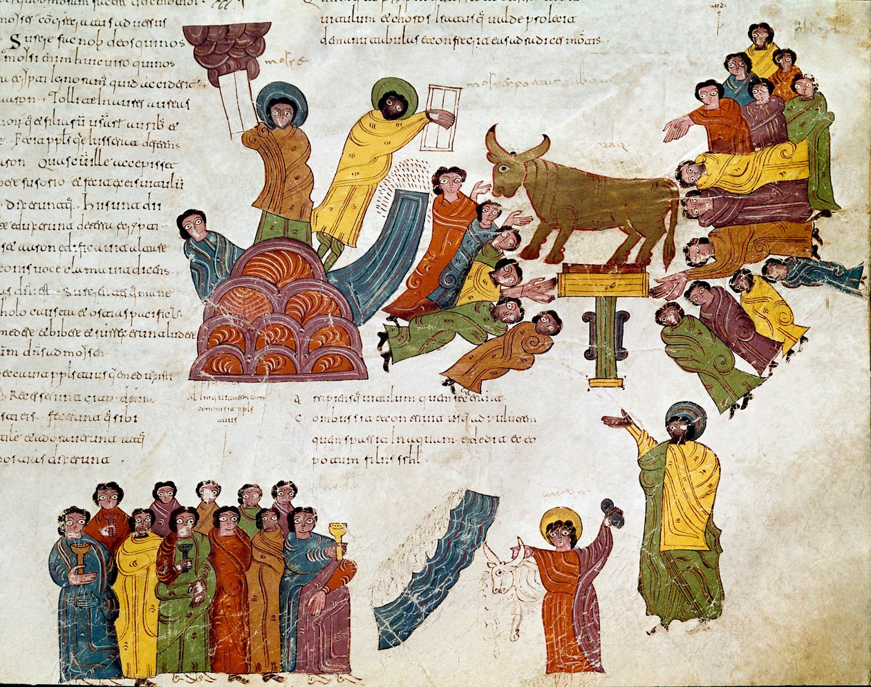 Exodus: "" tilbedelsen av gullkalven""" Moses og lovens tabeller. Miniatyr fra en mosarabisk bibel. 900-tallet. Leon. Biblioteket til Royal Collegiale of Saint Isidore. Spania av Spanish School