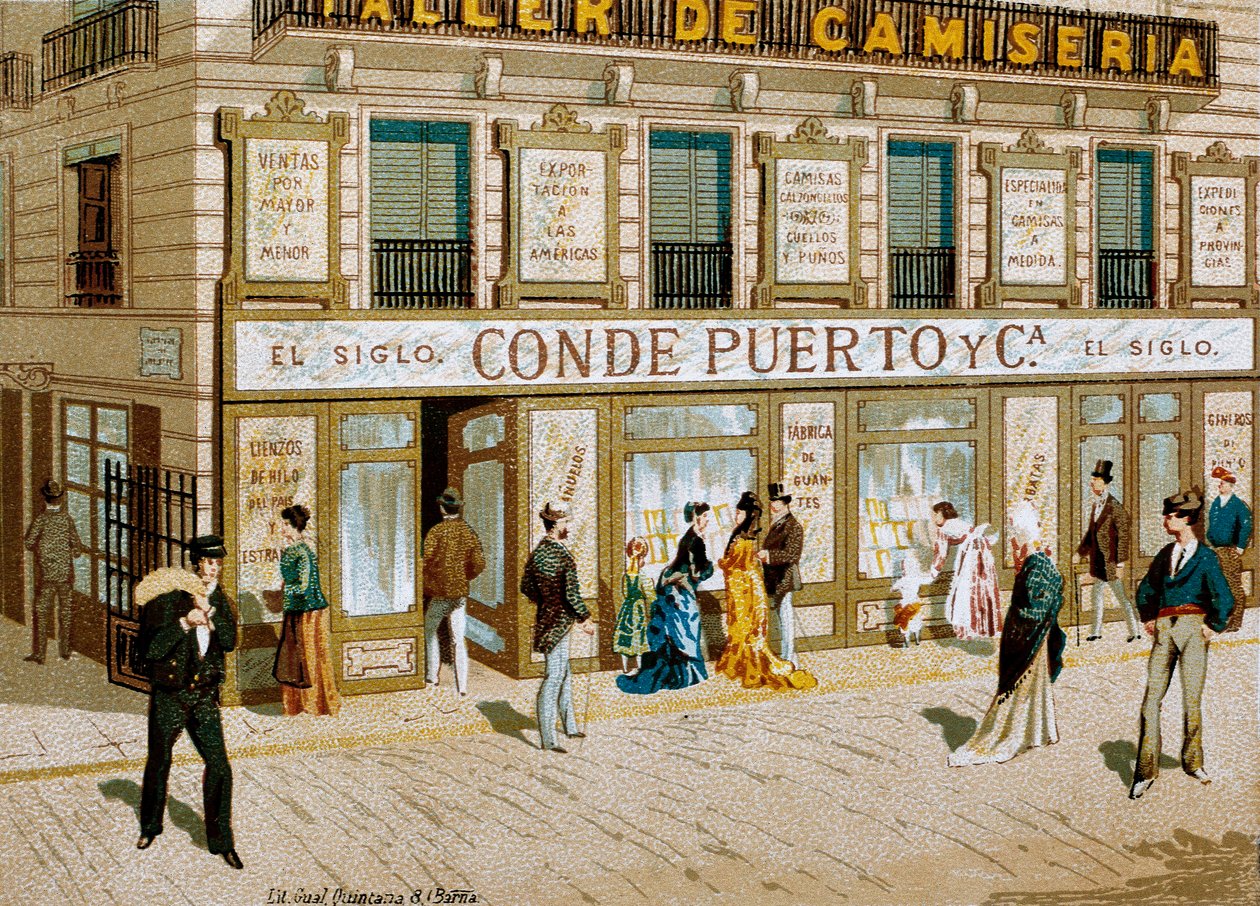 Mote: reklameplakat for stoffbutikken "" Conde Puerto "" boutique Barcelona. 1800-tallet av Spanish School