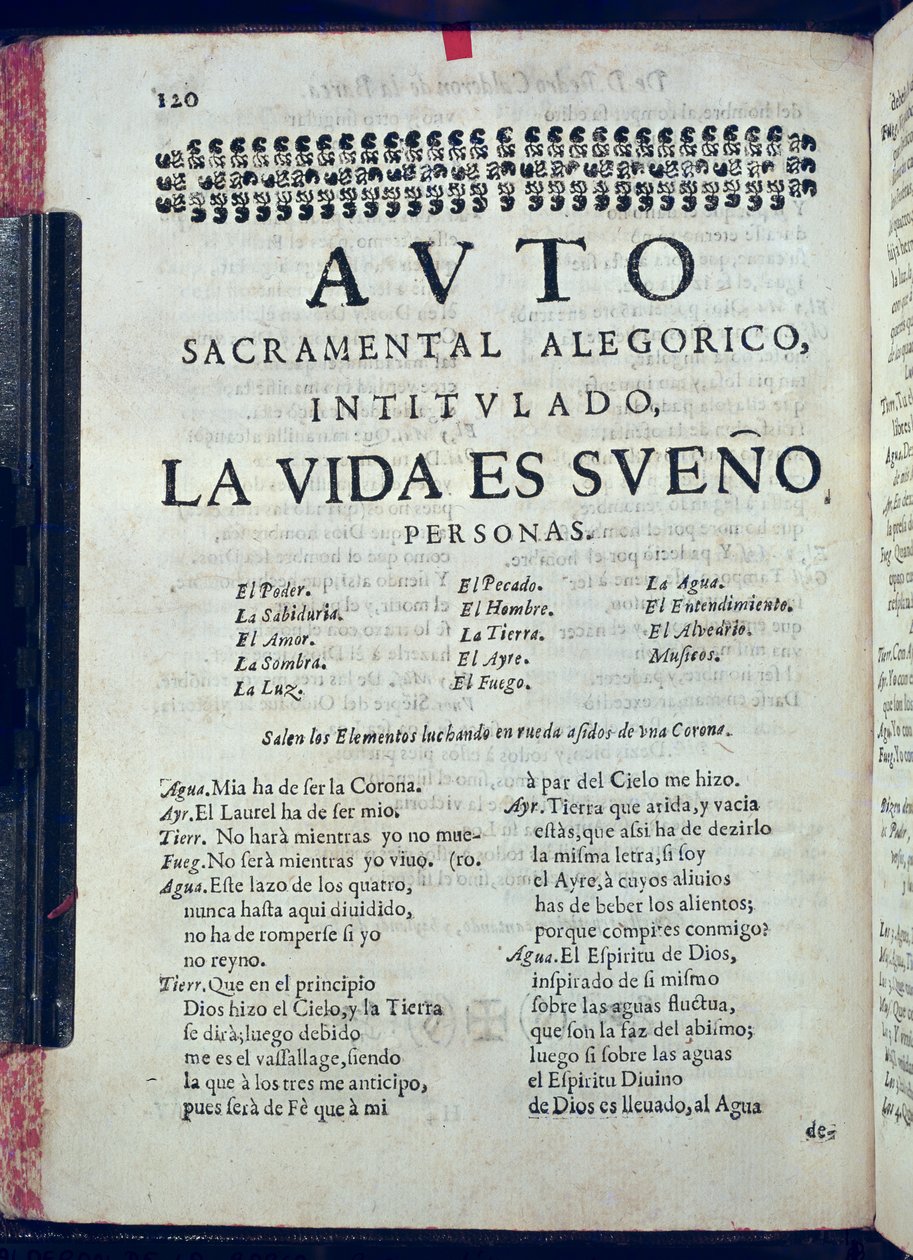Første side av La Vida es Sueno fra Los Autos Sacramentales av Pedro Calderon de la Barca (1600-81) redigert av Juan Garcia Infanzon, 1690 (trykt papir) av Spanish School
