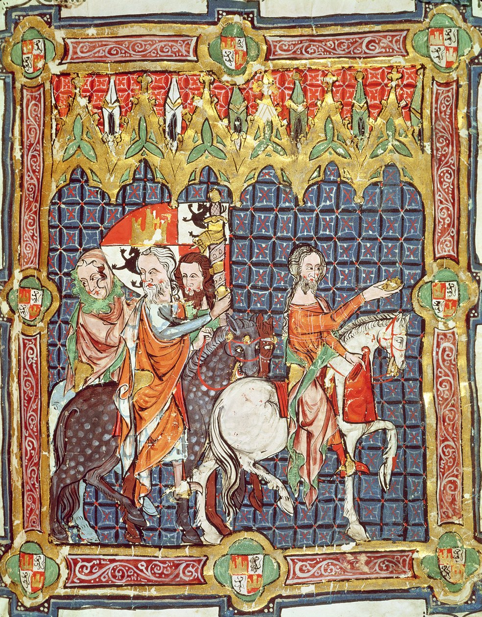 Fol.10r Alfonso VII (1105-57) og hans kone, Berenguela av Barcelona, førte til møte med erkebiskopen, fra et manuskript som skildrer kroningene til kongene av Aragon og Castilla av Spanish School