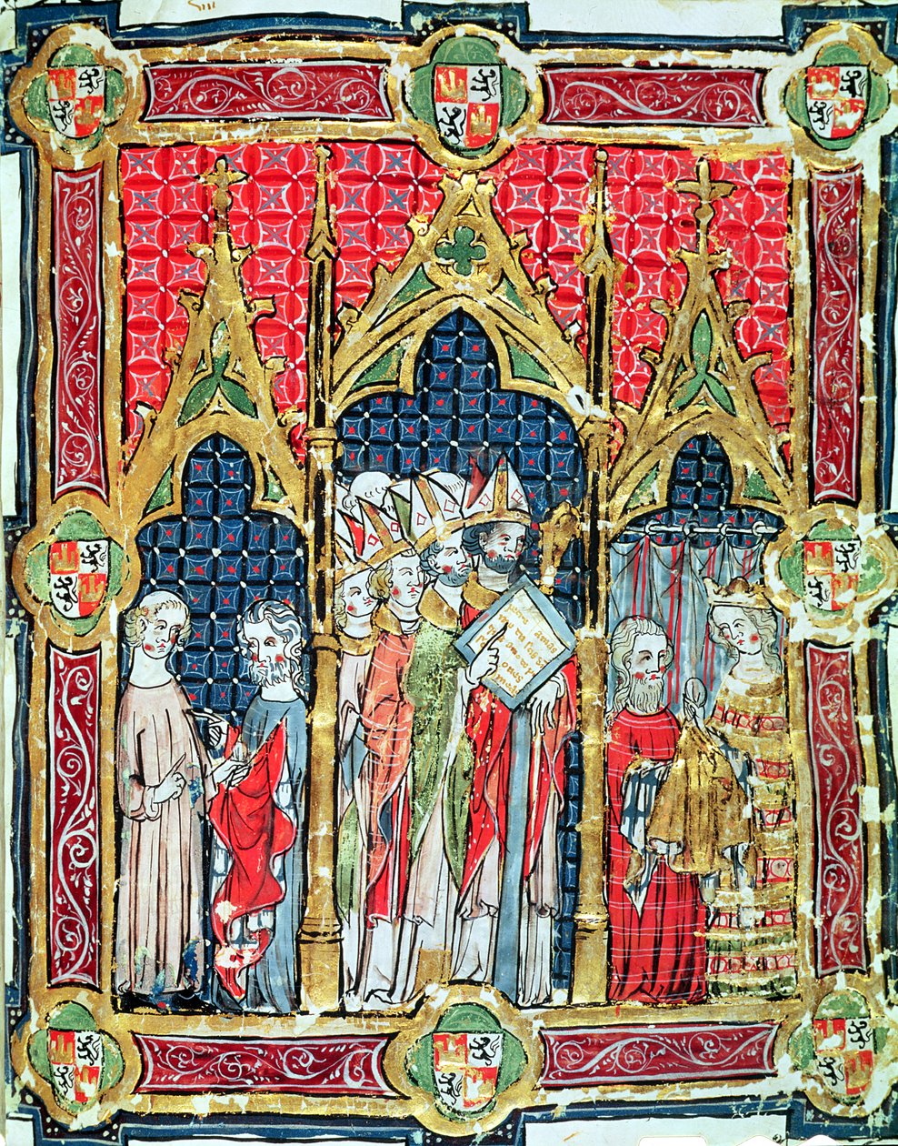 Fol.13r Kroning av kongene av Aragon og Castille: Alfonso VII (1105-57) tilbyr gullbrød i nærvær av erkebiskopen av Toledo, fra Libro de los Testamentos av Spanish School