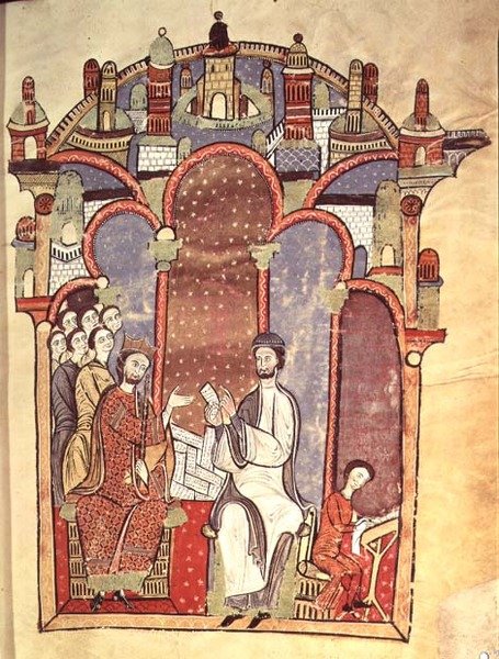 Fol.1r Rettsscene med skriftlærde, fra Liber feudorum maior av Spanish School