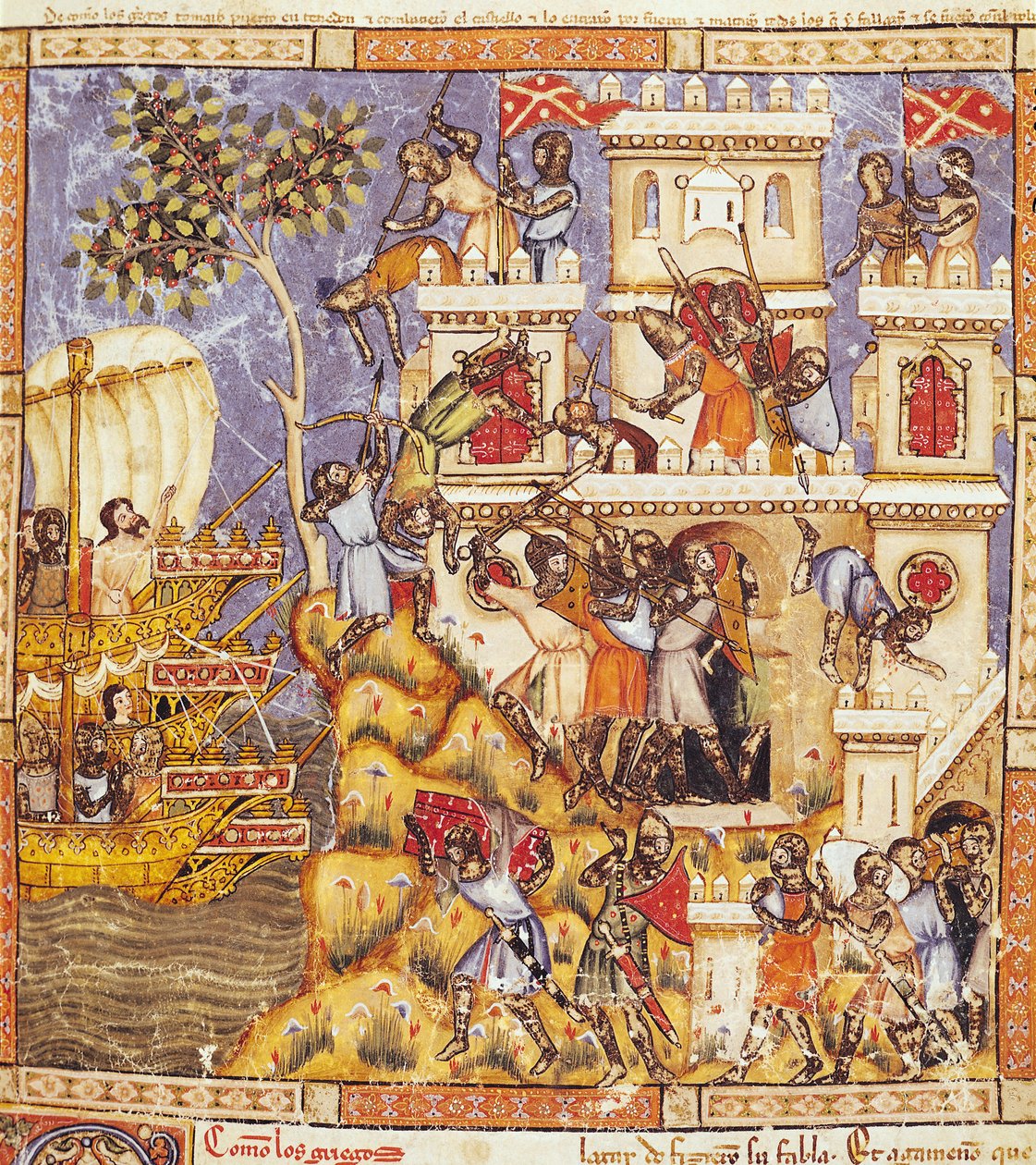 Fol.30r Grekernes landing, beleiringen av Tenedos slott og forsvarernes død, fra Codex Benito Santa Mora av Spanish School