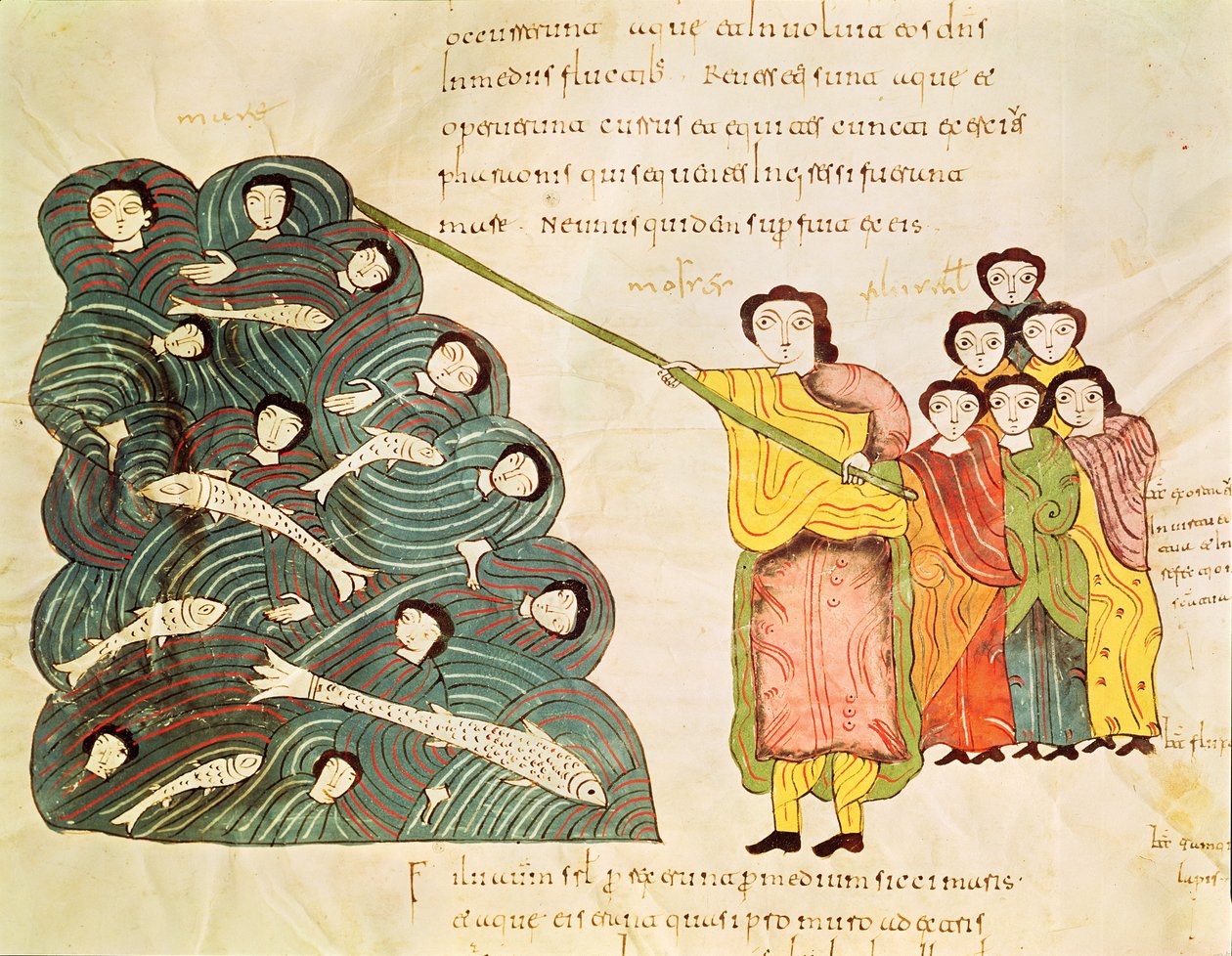 Fol.39v Moses stenger Rødehavet for egypterne, fra Bibelen Mozarabe av Spanish School