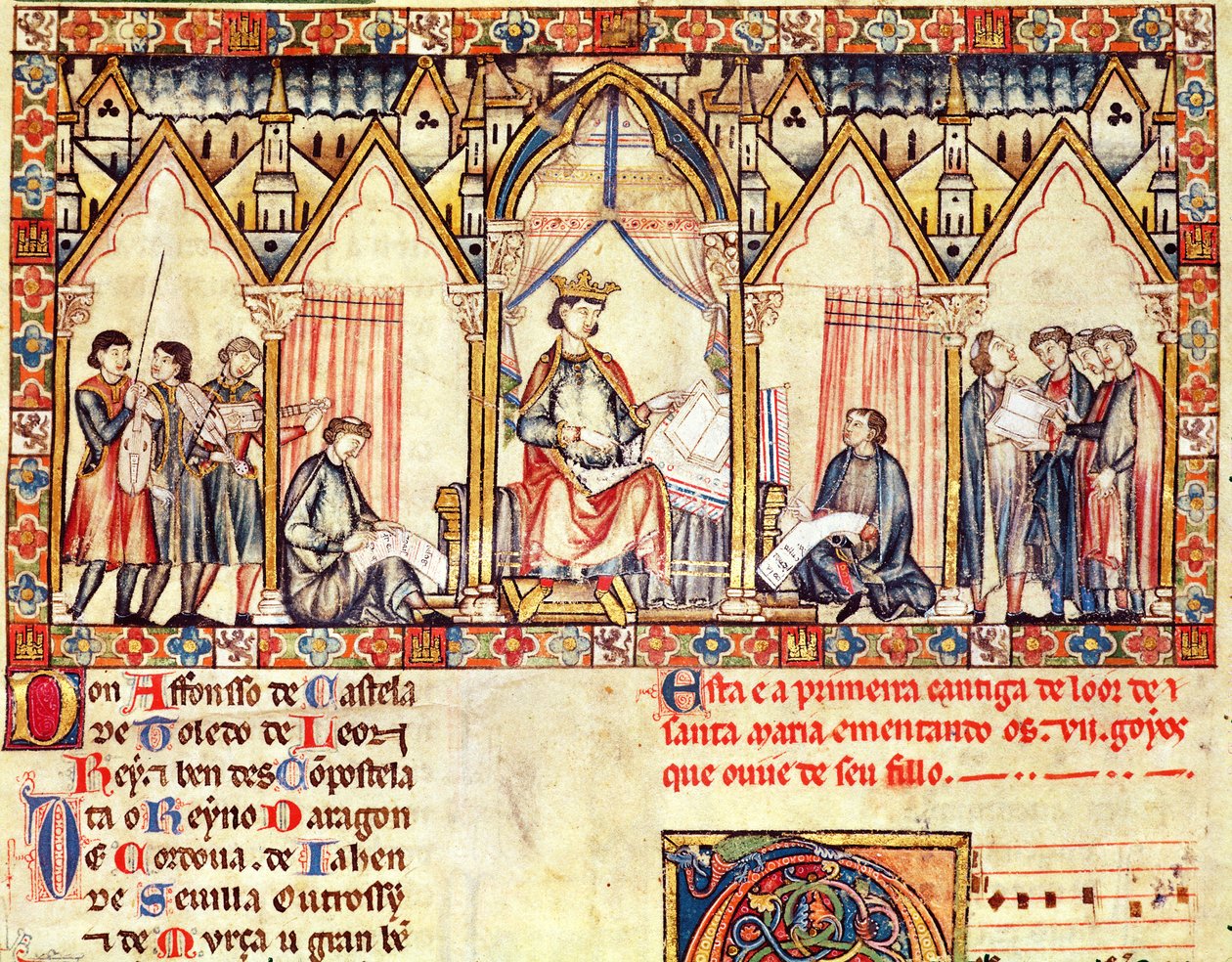 Fol.5r Hoffet til Alfonso X (1221-84) den vise, kongen av Castilla og Leon, miniatyr fra Cantigas de Santa Maria av Spanish School