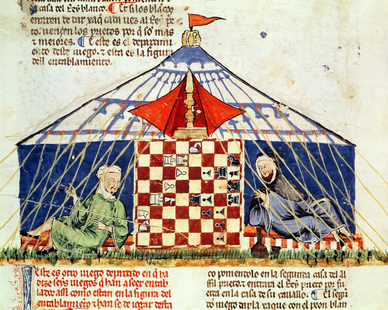 Fol.62v To arabere som spiller sjakk i et telt, fra Boken om spill, sjakk, terninger og brett, 1282 av Spanish School