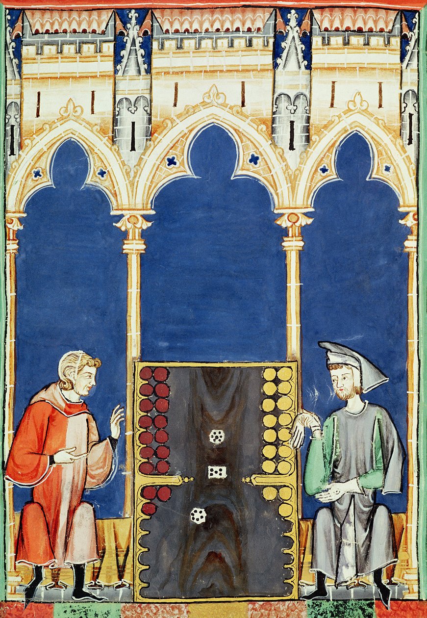 Fol.85v To backgammonspillere, fra boken om spill, sjakk, terninger og brett, 1282 av Spanish School