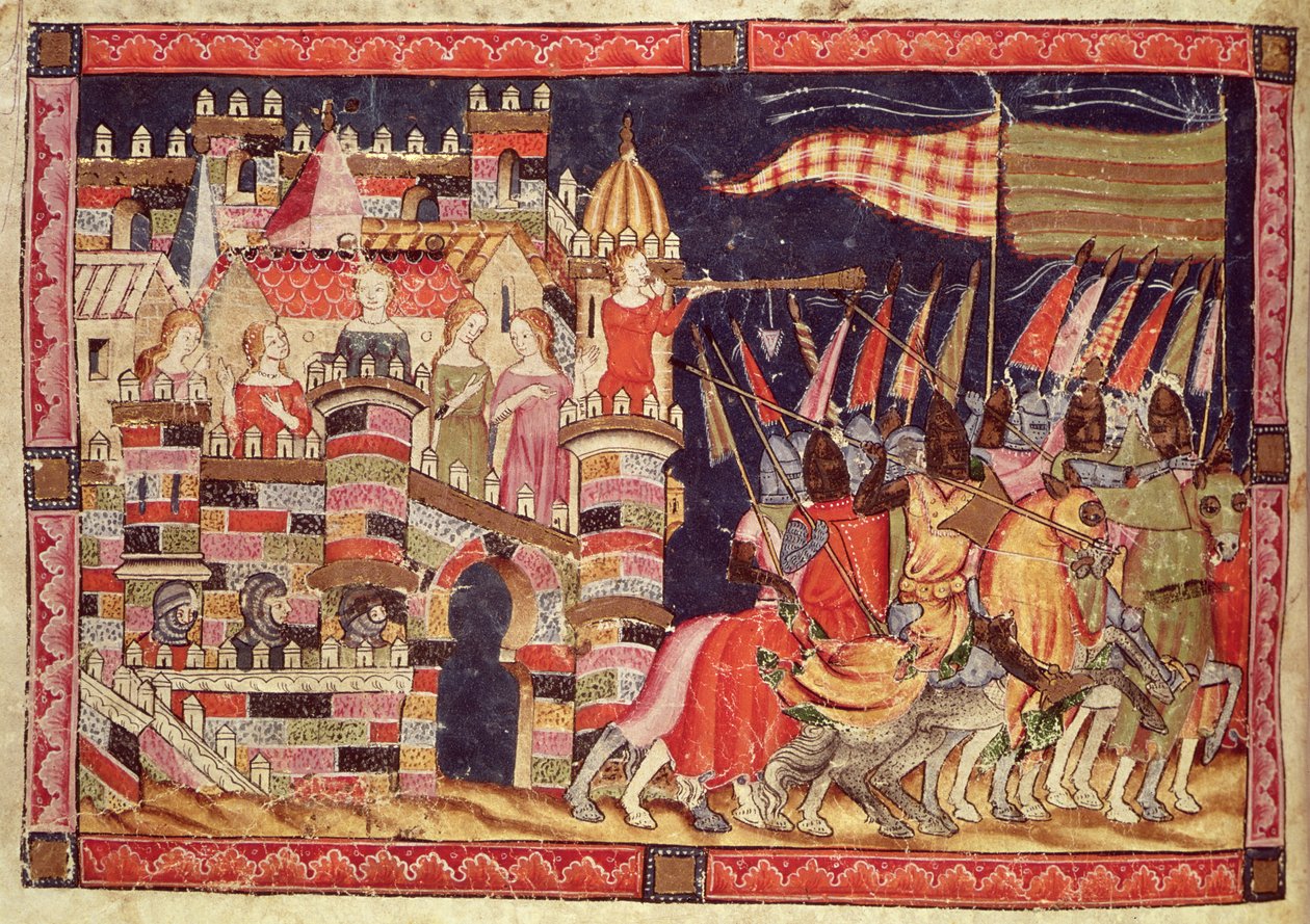 Fol.86v The Trojans Leaving for Battle, fra Codex Benito Santa Mora av Spanish School