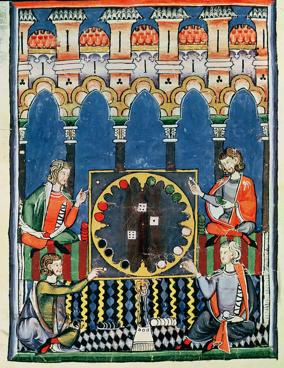 Fol.89v Fire arabiske backgammonspillere, fra boken om spill, sjakk, terninger og brett, 1282 av Spanish School