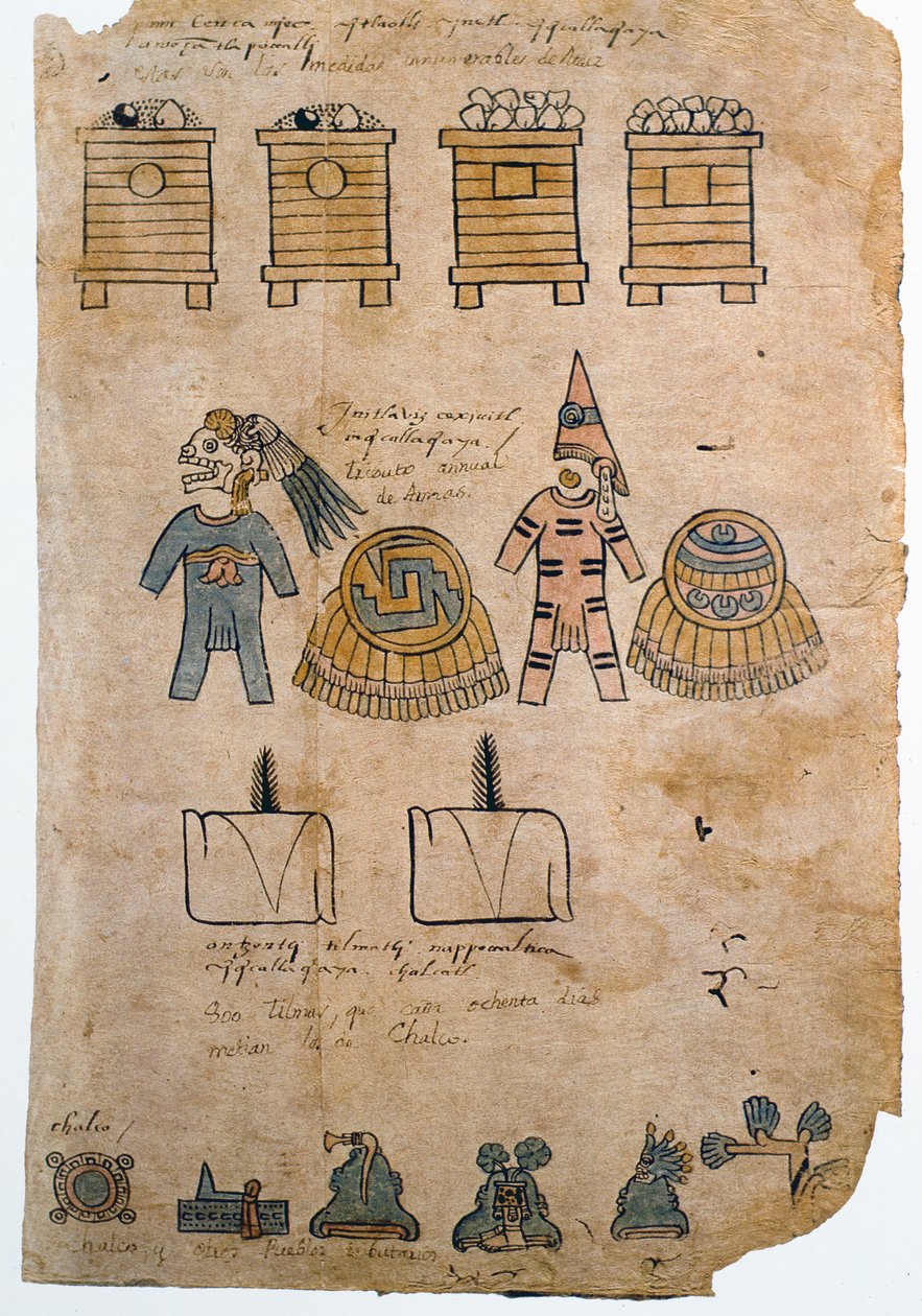 Folio 45 Side fra Codex Mendoza med illustrasjoner av hyllesten betalt til det aztekiske imperiet av erobrede folk, ca. 1541-42 av Spanish School