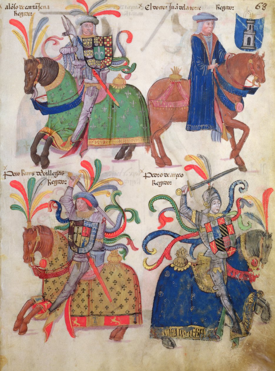 Fire kavalerer, fra Libro de Los Caballeros de la Cofradia de Santiago av Spanish School