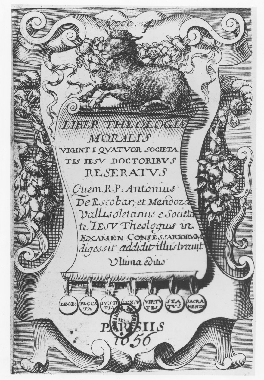 Frontispice for Liber Theologiae Moralis, av Antonio Escobar y Mendoza, 1656 av Spanish School