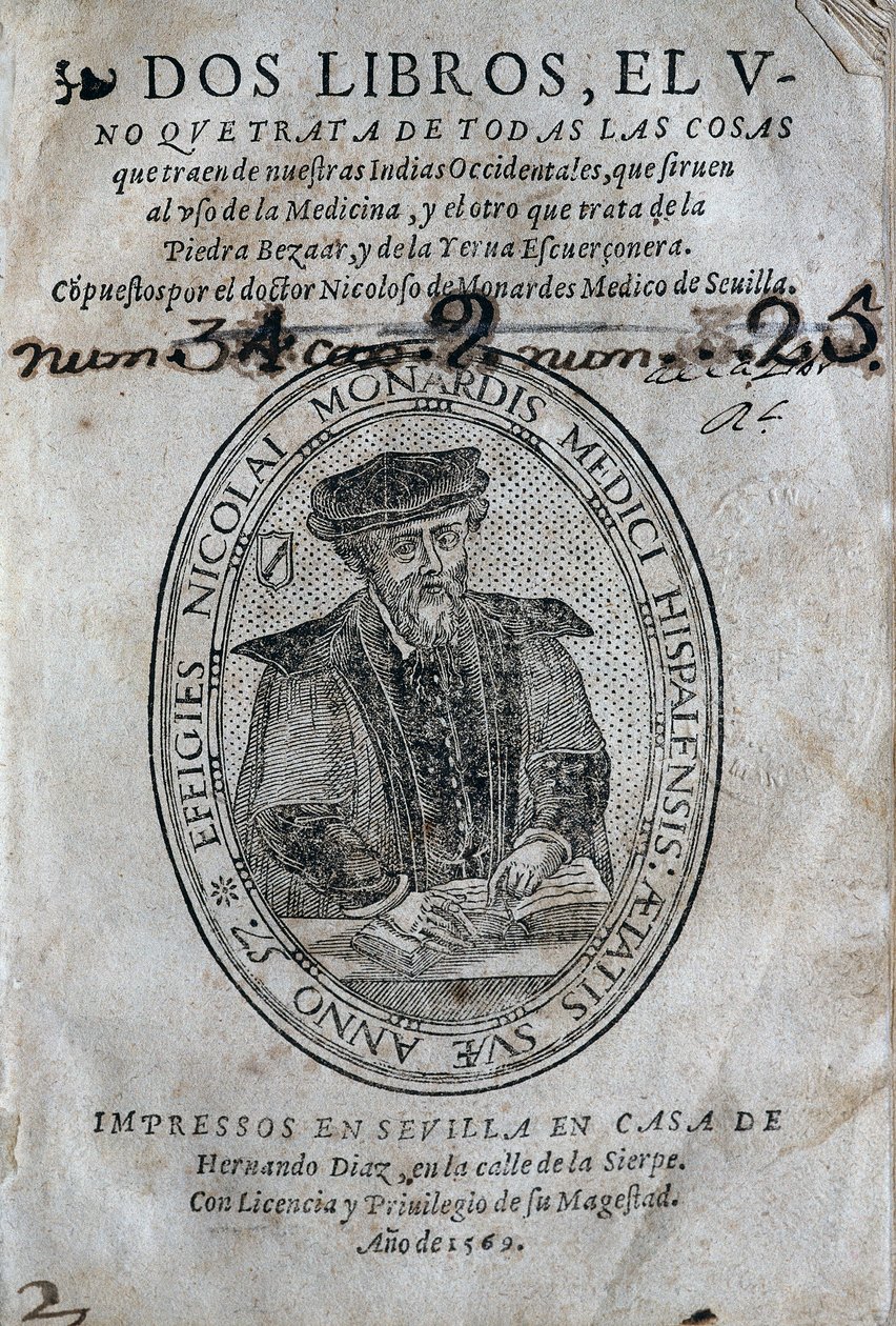 Frontispice, med portrett av Nicolas Monardes (1493-1588) av en medisinbok fra øyene i det spanske Karibien og bruk av bezoard (anti-gift). Verk av Nicolas Monardes, utgave 1569, av Hernando Diaz, i Sevilla. Universitetsbiblioteket i av Spanish School