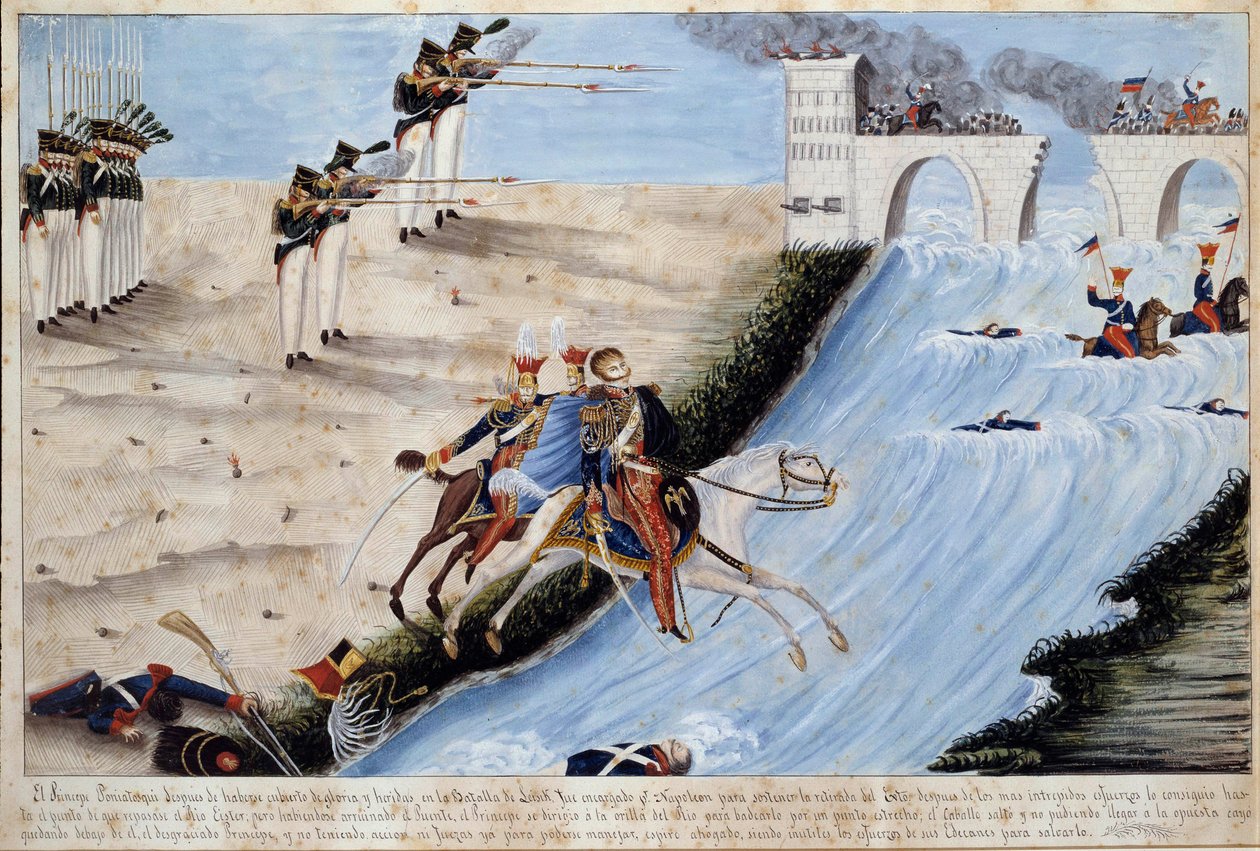 General Joseph (Jozef) Antoni Poniatowski (1763-1813) drukner mens han prøver å passere Elther i slaget ved Leipzig (Battle of Nations) for å unngå å bli tatt av de allierte i oktober 1813 Akvarell av den spanske skolen - 1813 Ile d