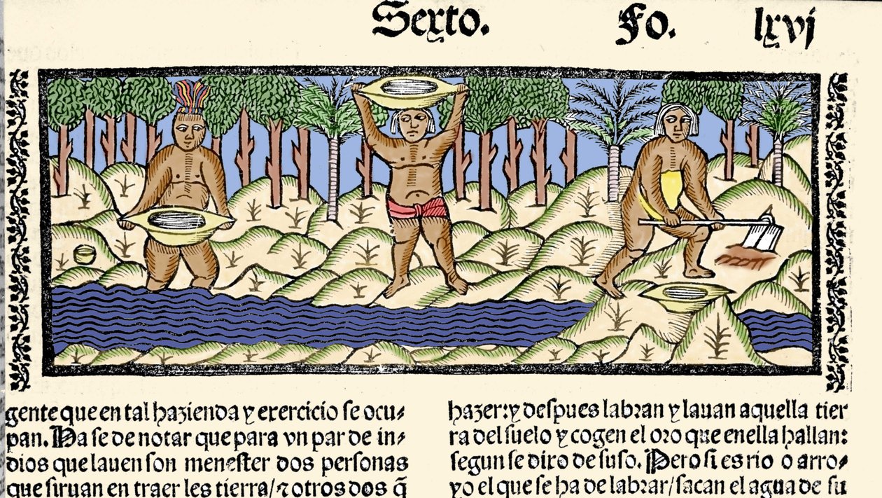 Gullutvinning: urbefolkningen siler elven på jakt etter gull. Gravering fra boken "General history of the Indias, islands and fastland of the ocean sea"" av Gonzalo Fernandez de Oviedo (Gonzalo) eller Fernandez de, ou Hernandez de Oviedo y Valdes (1478- av Spanish School