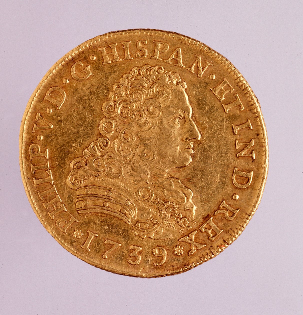 Gullmynt (8 ecu) fra Spania: regjering av Filip (Filippo eller Philippe) V (1700-1746). 1739 Diam. 3,6 cm Napoli, museo archeologico av Spanish School