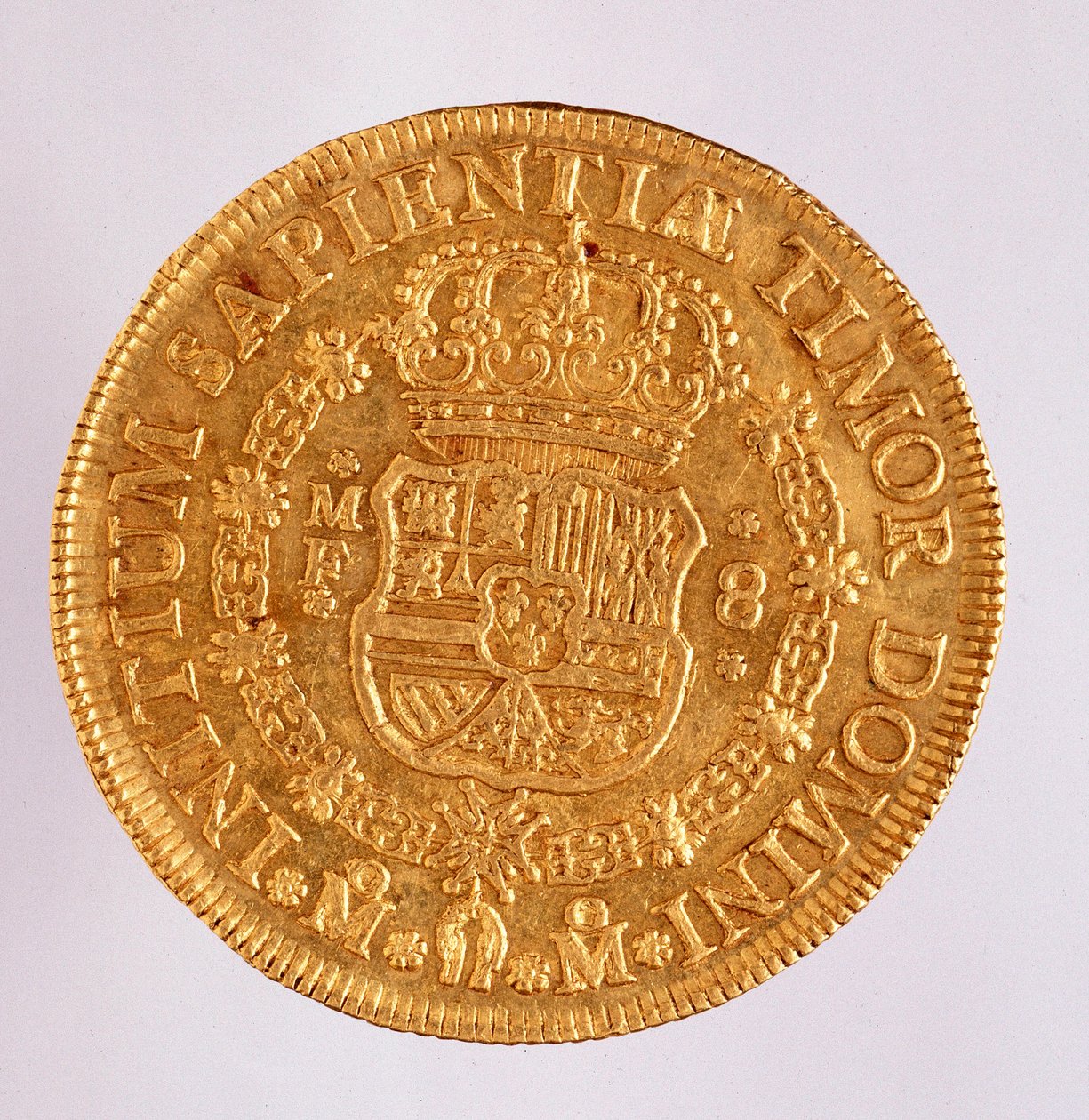 Gullmynt (8 ecu) fra Spania: regjering av Filip (Filippo eller Philippe) V (1700-1746). 1739 Diam. 3,6 cm Napoli, museo archeologico av Spanish School
