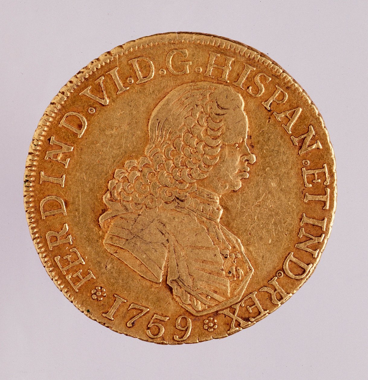 Gullmynt (8 ecu) fra Spania: Reign of Ferdinand VI (1746-1759). 1759 Diameter. 3,5 cm Napoli, arkeologisk museum av Spanish School