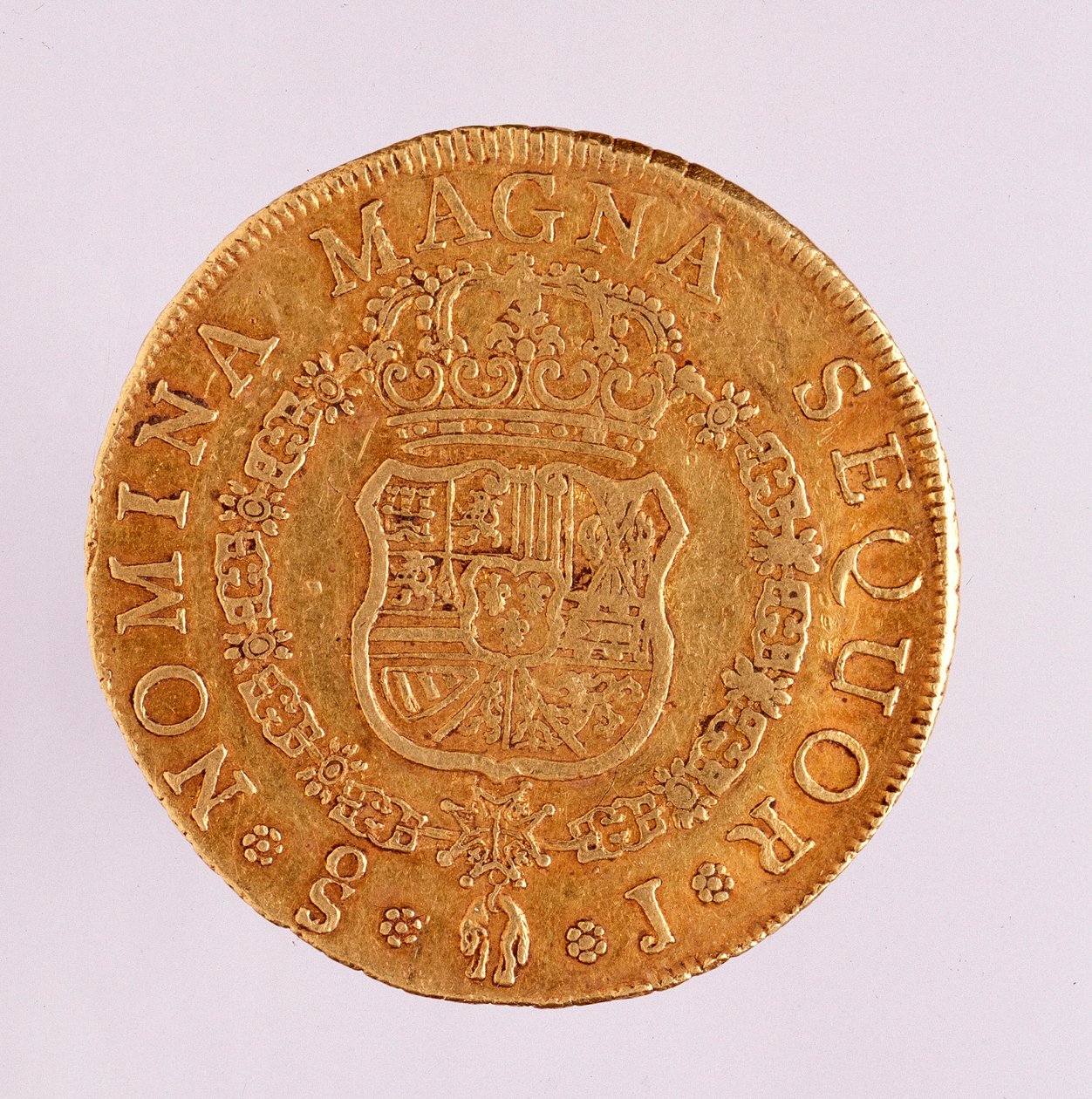 Gullmynt (8 ecu) fra Spania: Reign of Ferdinand VI (1746-1759). 1759 Diameter. 3,5 cm Napoli, arkeologisk museum av Spanish School