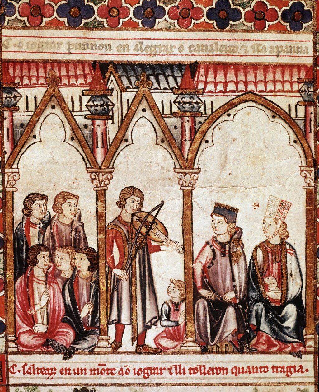 Gruppe av trubadurer, illustrasjon fra “” Cantigas de Santa Maria”””, laget under ledelse av Alfonso X (“Den vise”) konge av Castilla og Leon (1221-84) - Kongens hoff og musikerne. miniatyr fra et manuskript av Sangen om Saint Mary (Cantig av Spanish School
