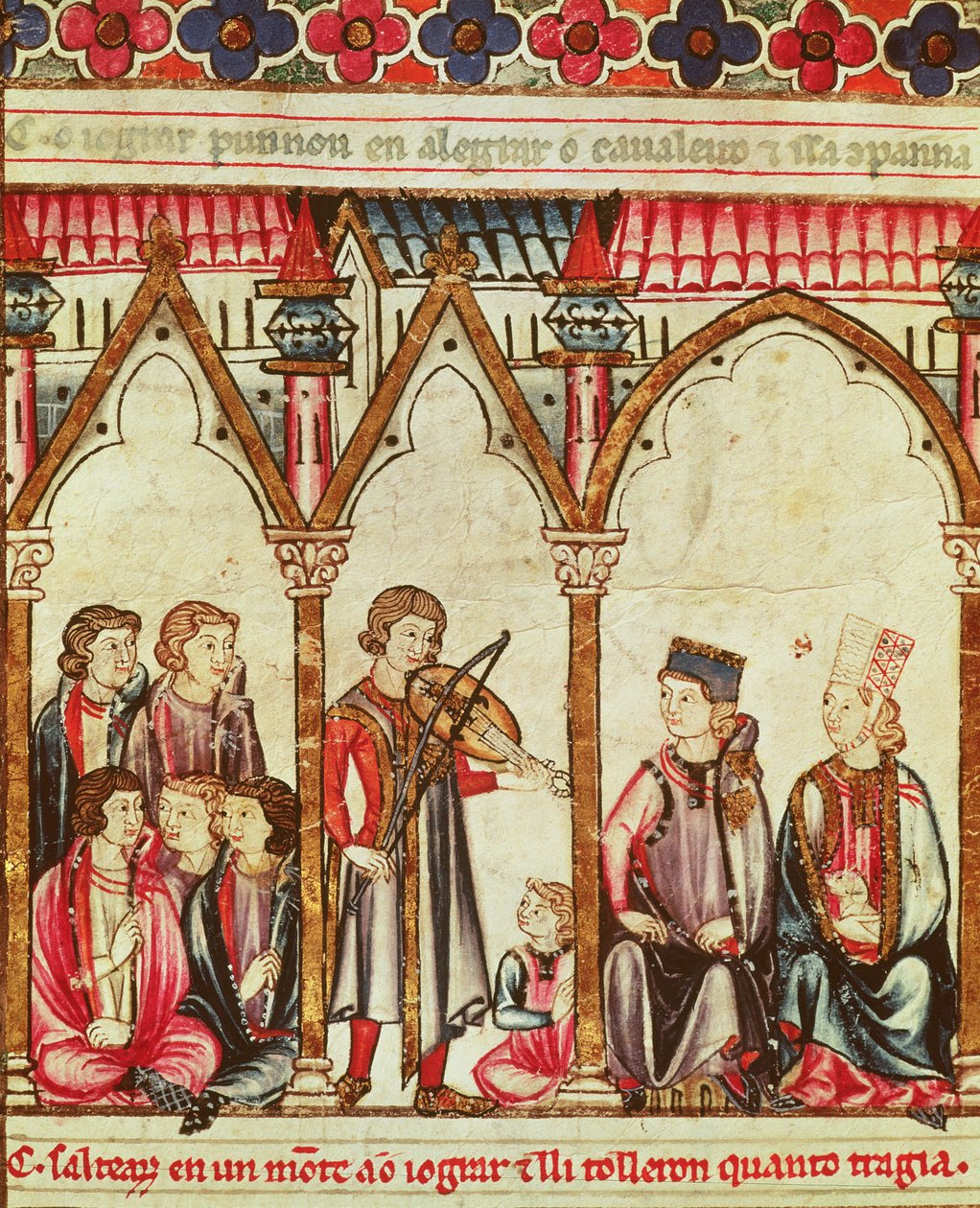 Gruppe av trubadurer, illustrasjon fra Cantigas de Santa Maria, laget under ledelse av Alfonso X (The Wise) King of Castille and Leon (1221-84) (se også 56625) av Spanish School