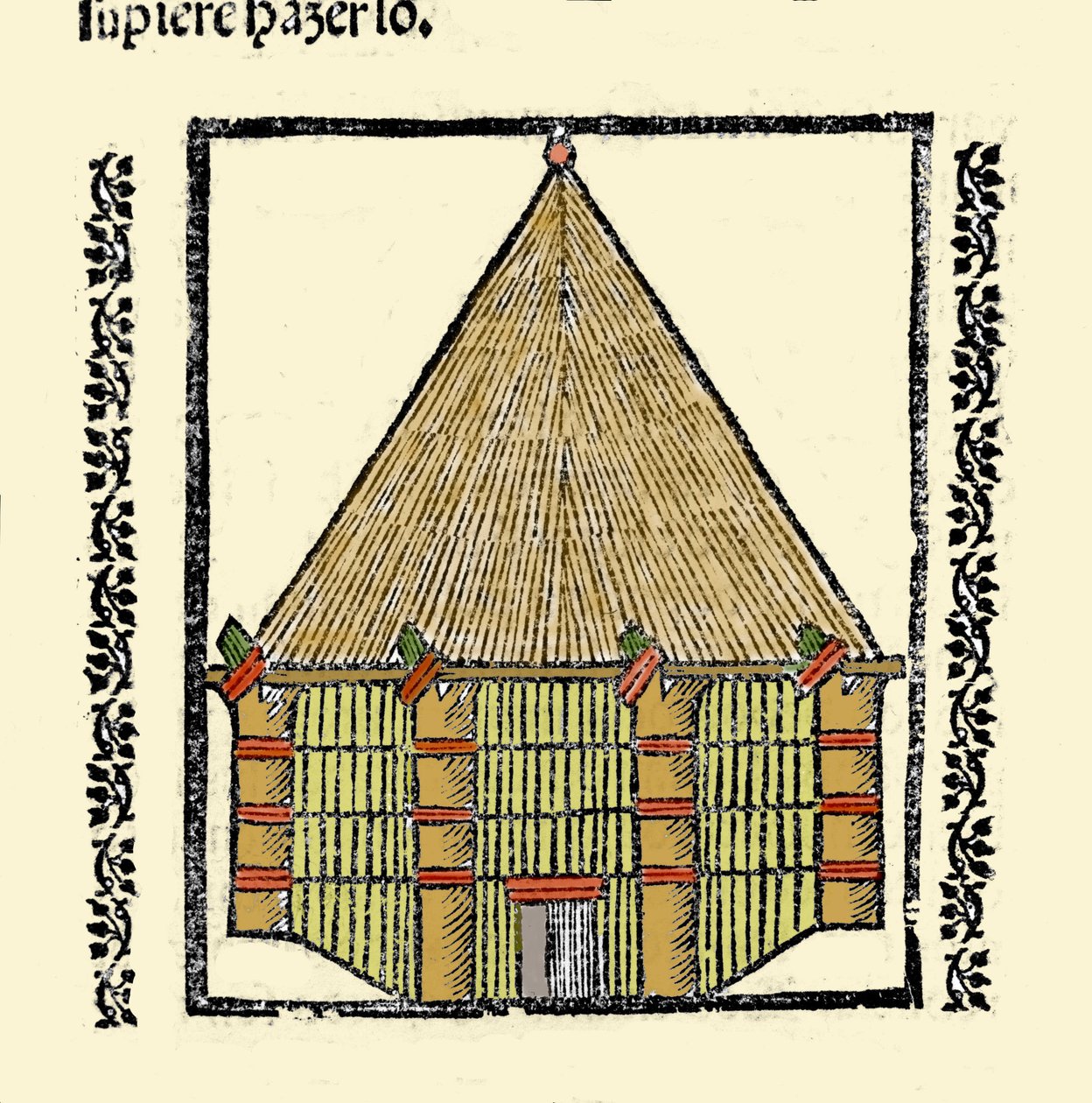 Habitat: beskrivelse av Cabane des Indigenes Caraibes. Gravering fra boken "General history of the Indias, islands and fastland of the ocean sea"" av Gonzalo Fernandez de Oviedo (Gonzalo) eller Fernandez de, ou Hernandez de Oviedo y Valdes (1478-1557) av Spanish School