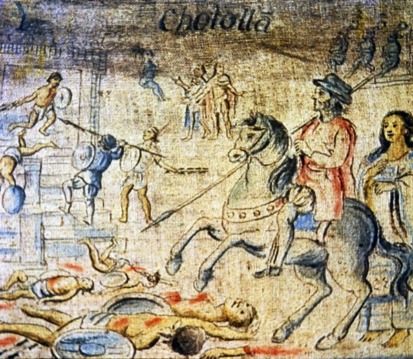 Hernan Cortes rir over de døde etter slaget ved Cholula med Dona Marina, hans elskerinne og tolk som går bak (farge litho) av Spanish School