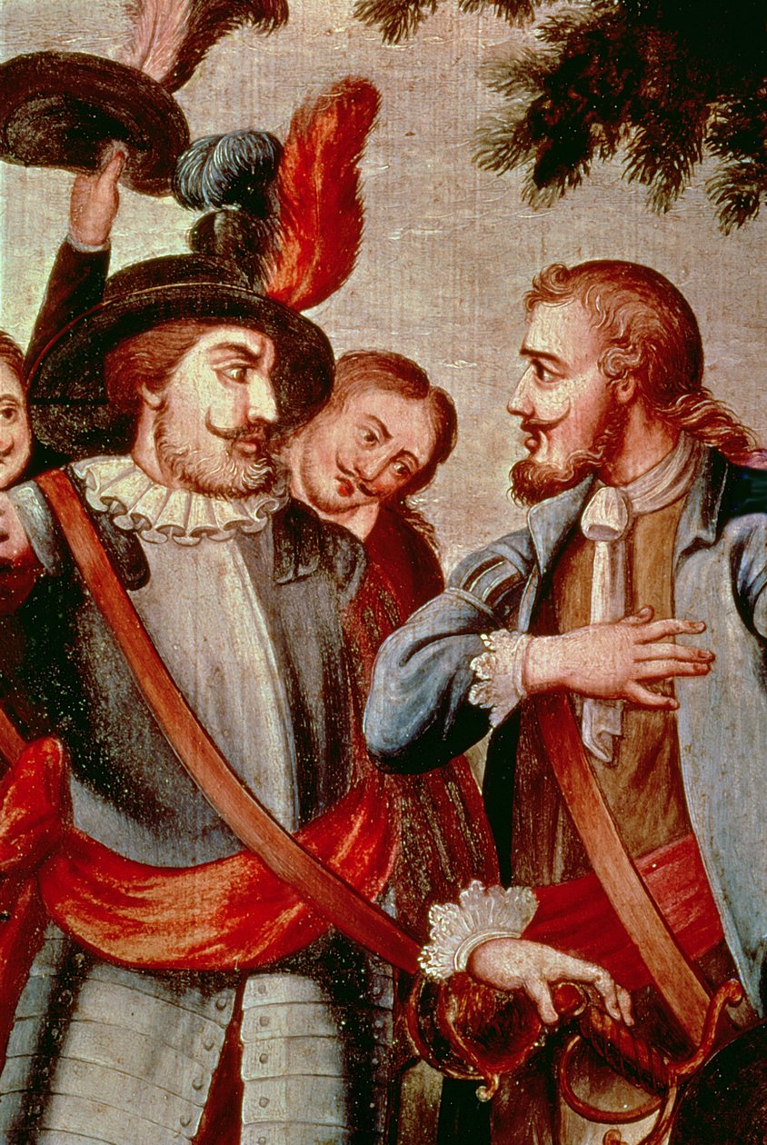 Hernando Cortes (1485-1547) og Diego di Velasquez (1465-1524) (olje på lerret) (detalj) (se 113574) av Spanish School