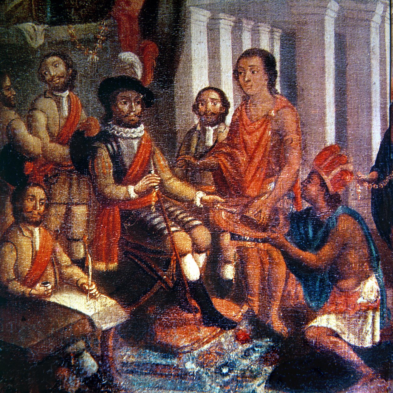 Hernando Cortes (1485-1547) mottar hyllest av aztekerne (olje på lerret) av Spanish School