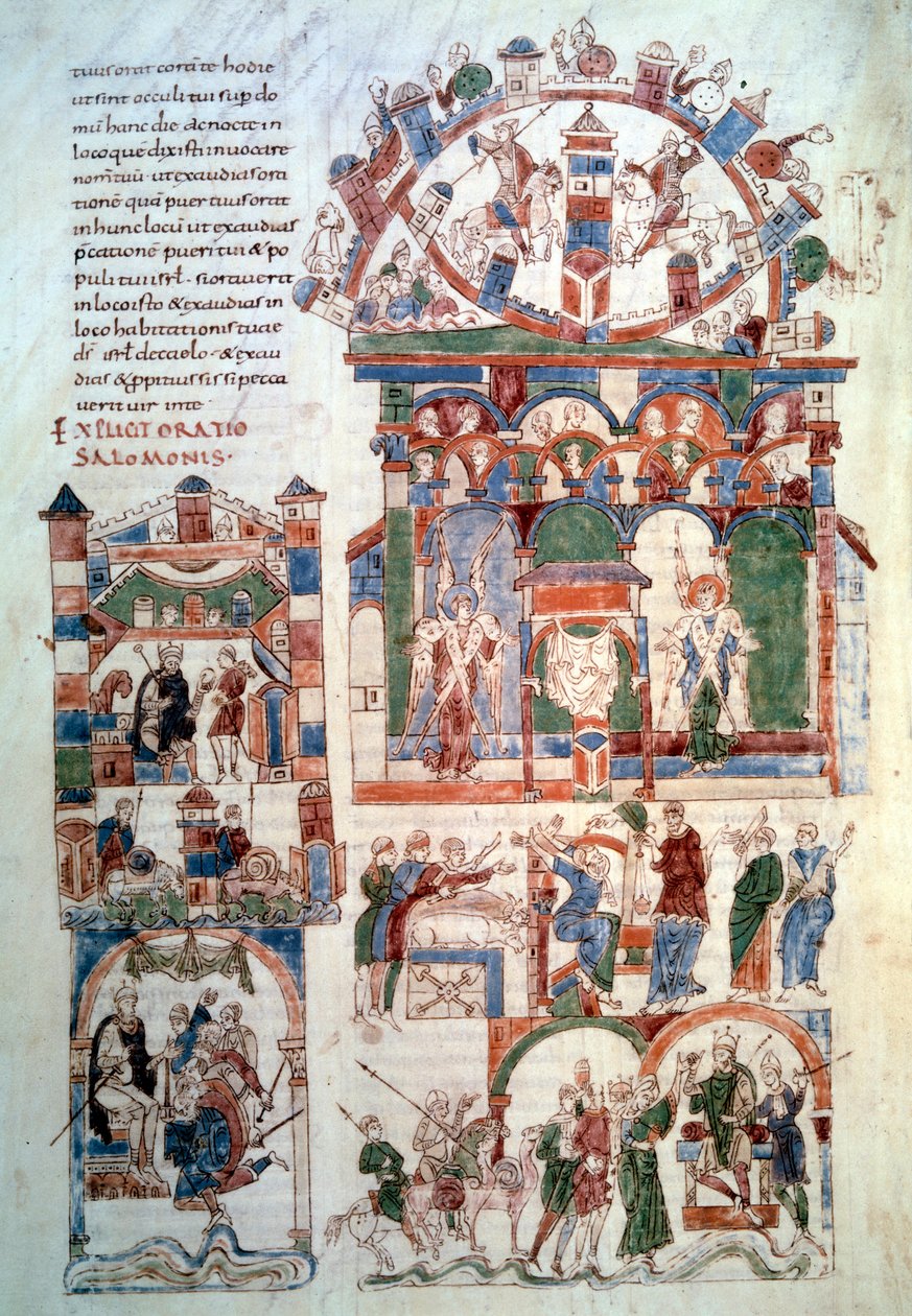 Salomos historie: "" Kong Salomo som mottar skatten"" Side (fol. 129 v;) hentet fra "" Bibelen om Roda"" (man. lat. 6) laget i Spania på 1000-tallet. Paris, B.N. av Spanish School