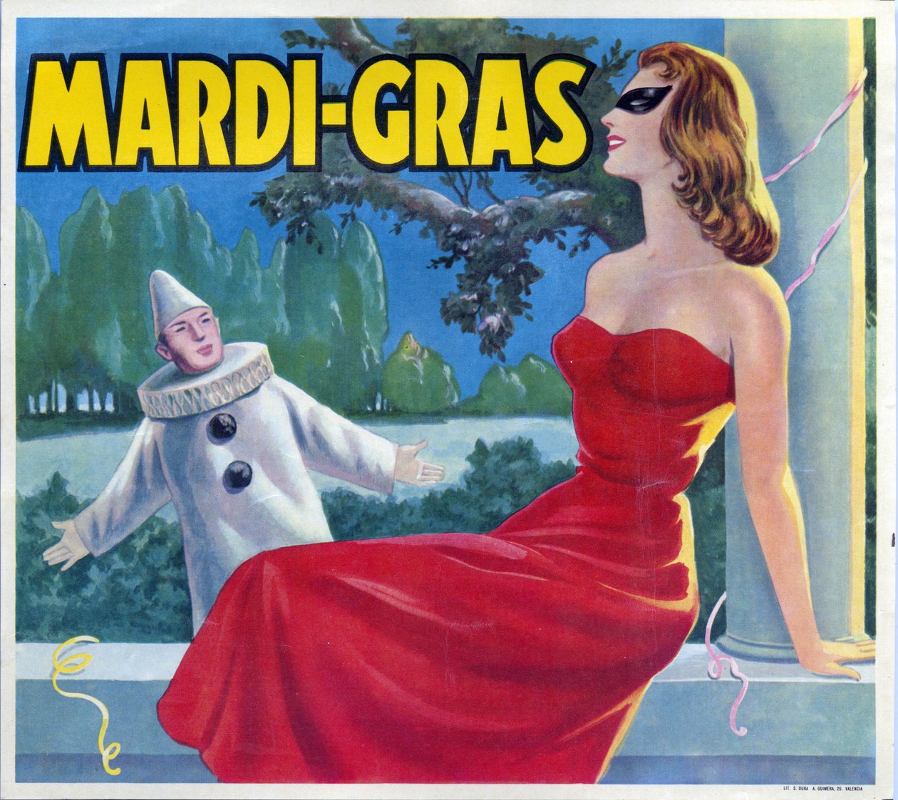 Illustrasjon av en Mardi-Gras-fest (Mardi Gras) forkledning med en Pierrot og en maskert kvinne. Reklame, Valencia, 1900-tallet. av Spanish School