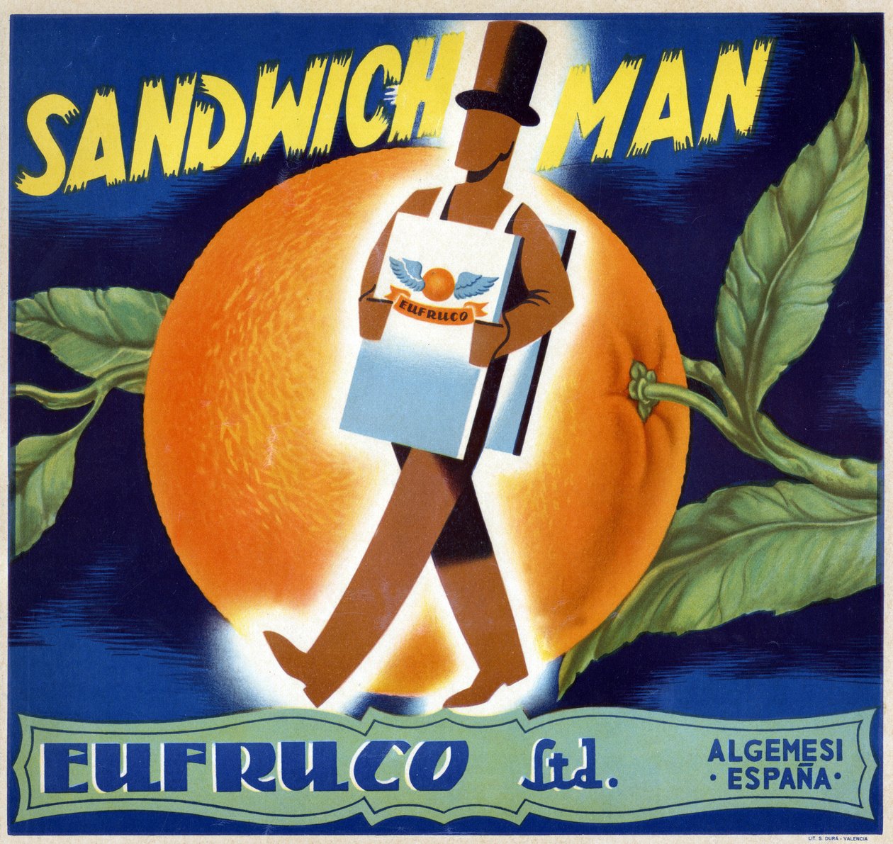 Illustrasjon av en "man-sandwich". Etikett for appelsiner "" Eufruco"", Valencia, 1900-tallet. av Spanish School