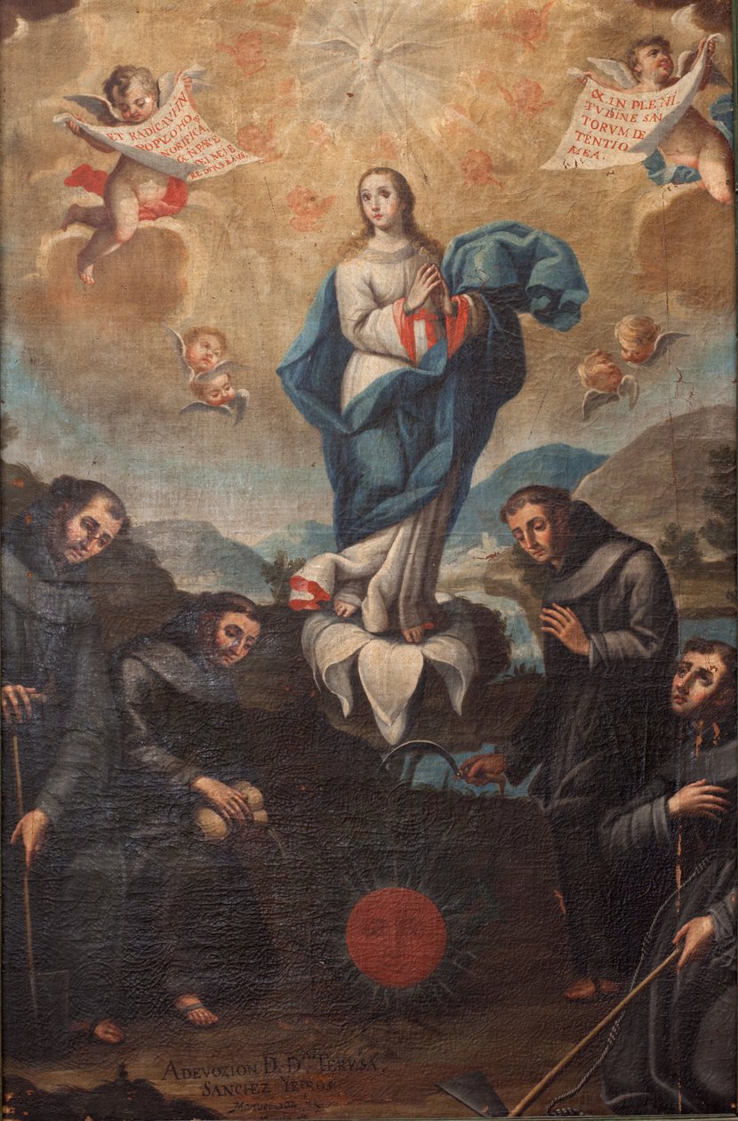 Ulastelig unnfangelse med hagebruksfransiskanere. Opprinnelsen til koret. Signert til venstre nederst "ADEVOZION DE DA TERESA, Sanchez Yepros?". 18. århundre. Juan Sánchez. av Spanish School