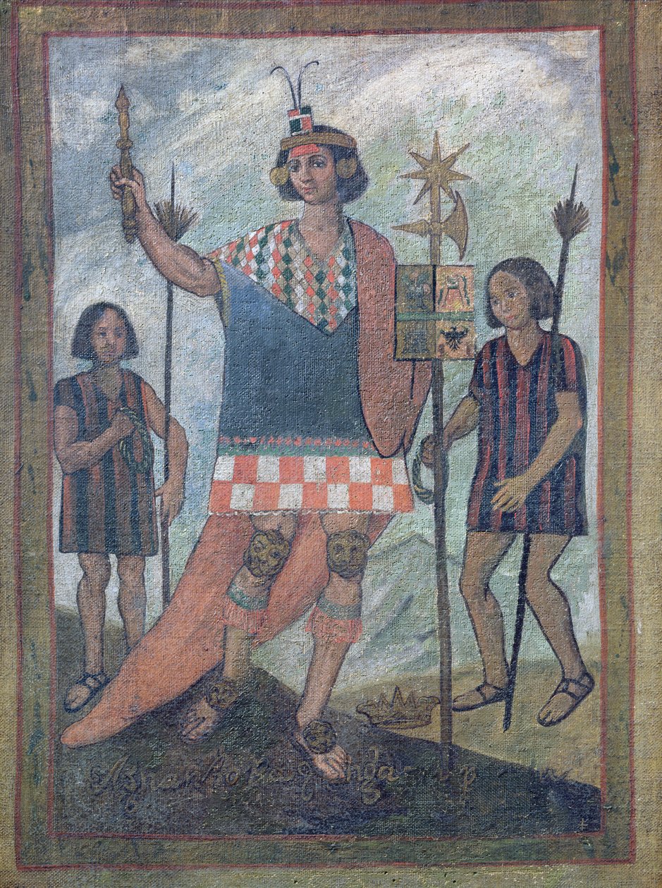 Innbyggere i den nye verden møtt av Christopher Columbus på sin første reise i 1492 av Spanish School