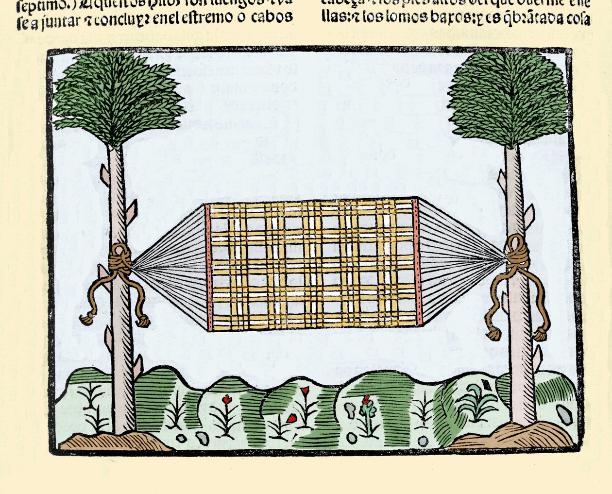 Oppfinnelsen av hengekøyen: denne oppfinnelsen revolusjonerte livet til sjømenn ombord på skip. De sov før på det våte dekket. Gravering fra boken "Historia general de las Indias, islas y tierra firme del mar oceano"" av Gonzalo Fernandez de Oviedo (Gonz av Spanish School