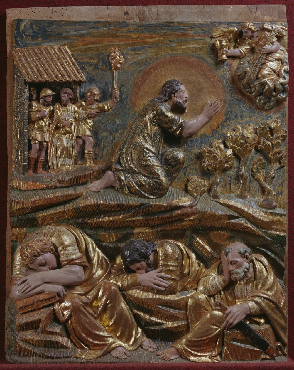 Jesus i Getsemane hage, detalj av en renessansealtertavle (malt og forgylt tre) av Spanish School