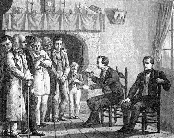 Joseph Smith, grunnlegger av mormonkirken, leser fra Mormons bok til tidlige mormonkonvertitter, fra 