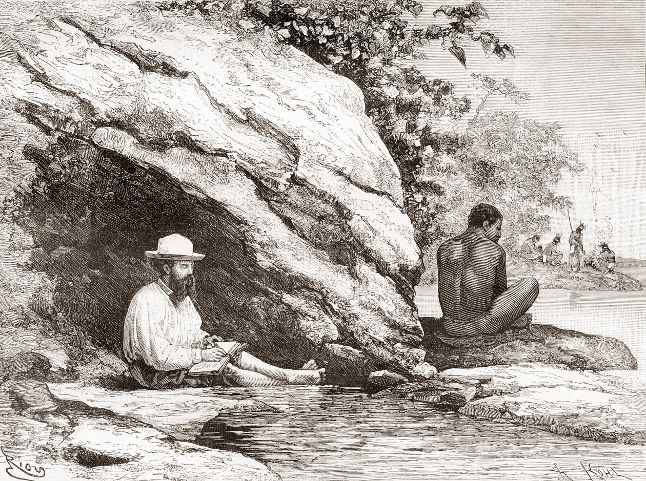 Jules Crevaux, under sin utforskning av Fransk Guyana i 1878, i skyggen av en stein på bredden av elven Oyapock eller Oiapoque av Spanish School